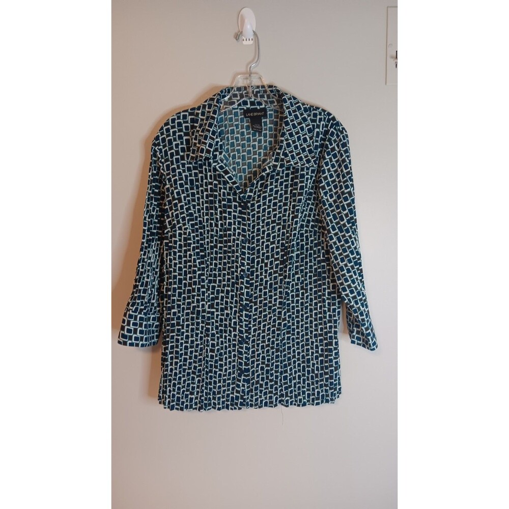 Lane Bryant Button Up Shirt 3/4 Sleeve Sz 14 / 16 Green / Blue Geometric Print